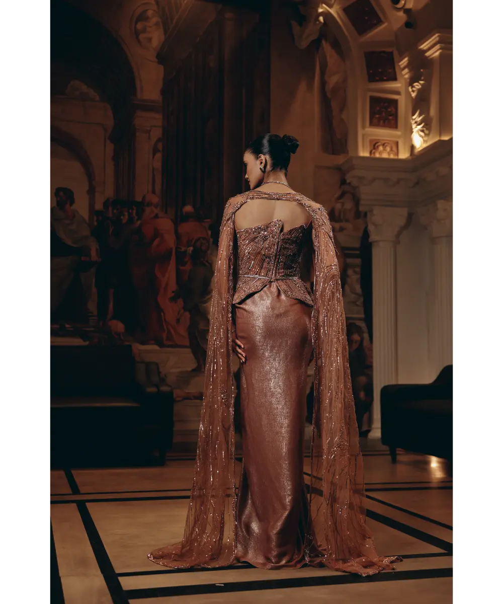 ADAARA COUTURE - Rose Gold Cape Saree